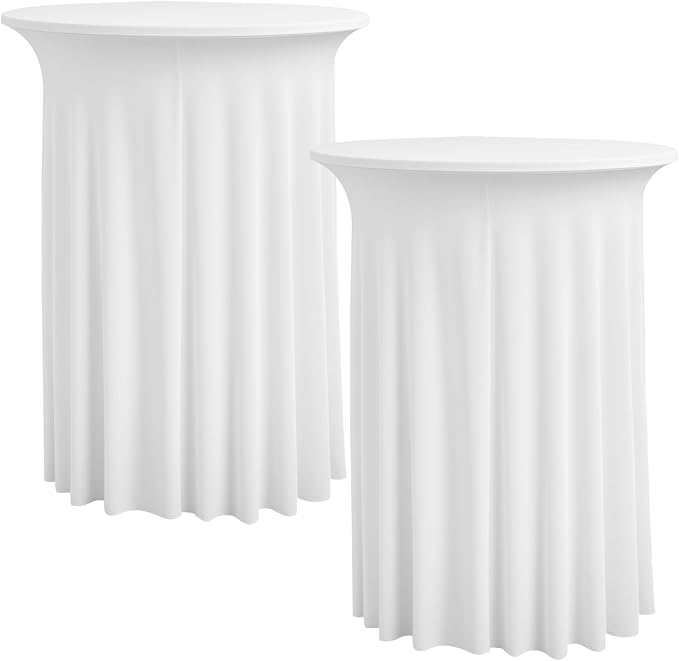 2pk White Cocktail Table Cloth Round 36×43in-High Top Highboy Bar Cocktail Tablecloths-Wrinkle Free Stretchy Fitted Spandex Table Covers with Ruffle Desk Skirt for Wedding Banquet Party Tables