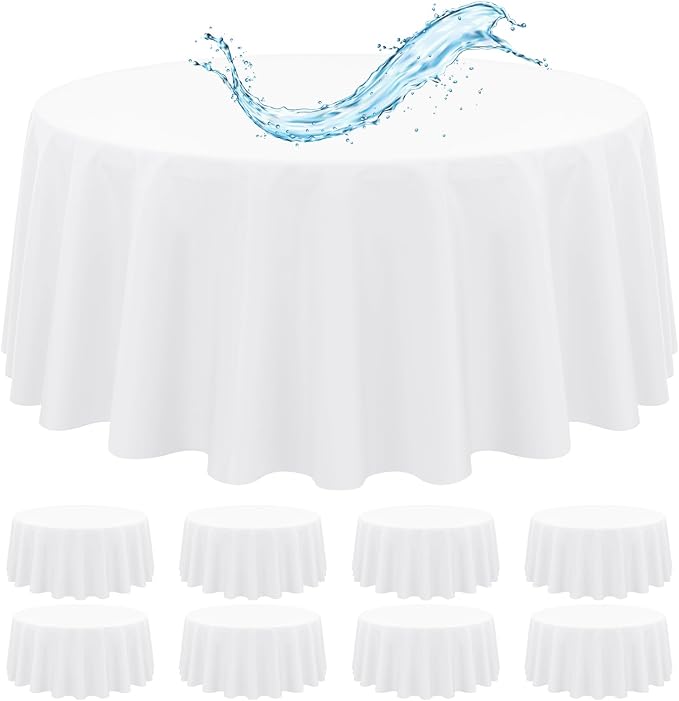 8 Pack White Round Tablecloth 120 Inch, White Tablecloths Waterproof Polyester Table Cloth for Round Tables, Stain and Wrinkle Resistant Washable Fabric Table Cover for Party Dining Wedding Banquet