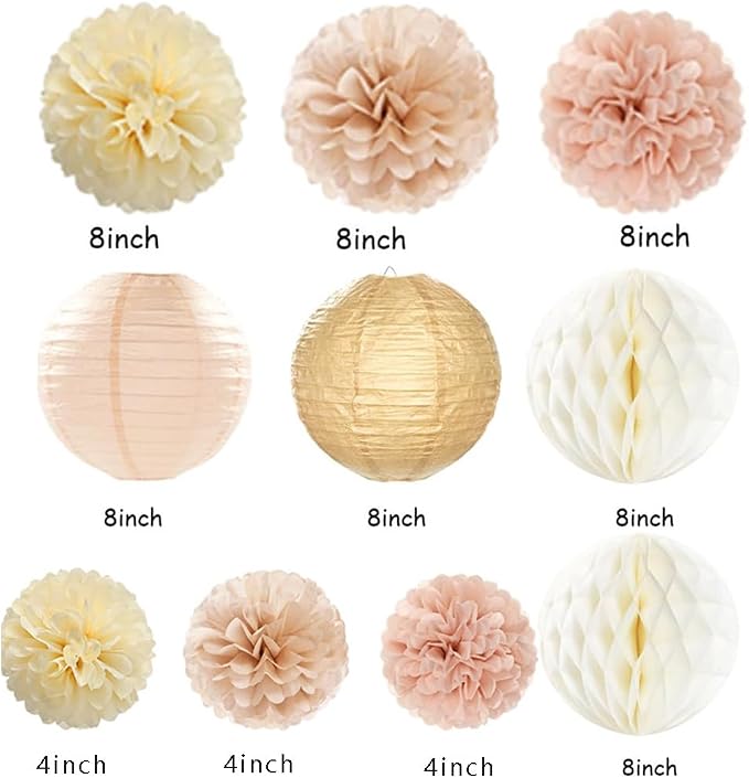 Boho Happy Birthday Party-Decorations Champagne-Gold Beige 34pcs Hanging Swirls,Tissue Paper Pompoms,Circle Dots Garland,Tassel Garland (Champagne Gold Birthday Set)