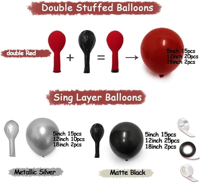 Red Black Balloon Arch, Double Stuffed Dark Ruby Red Black Silver Balloon Garland Kit Burgundy Maroon Balloons for Birthday Wedding Valentines Day Baby Shower Engagement Graduation Party Decor