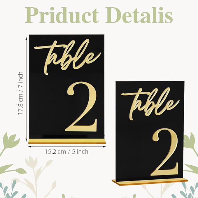Wedding Table Numbers, Black Acrylic with Gold Text, Freestanding with Base