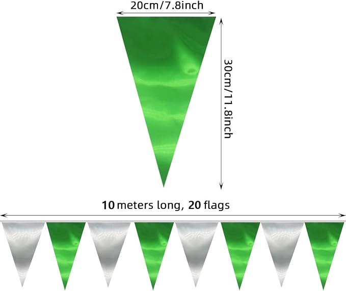 40M/130FT Green Silver Triangle Pennant Banner Flag Metallic Fabric Bunting Garland for Christmas Graduation Wedding Engagement Anniversary Bachelorette Birthday Bridal Shower Hen Party Supplies