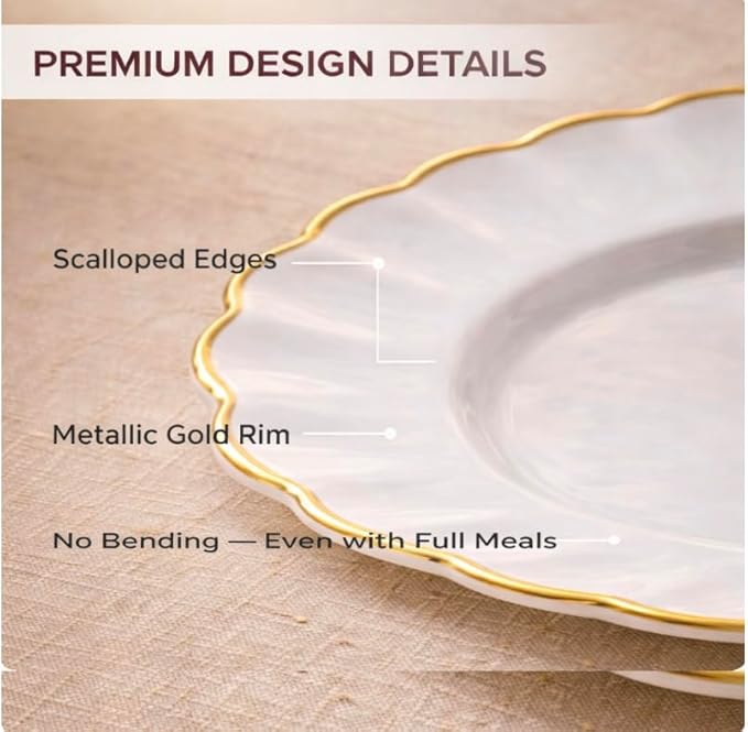 By Madee HEAVYWEIGHT 100 Pc Scalloped Ivory & Gold Plastic Plates for Party | 50 Dinner & 50 Dessert Nice Disposable Heavy Duty Plates | Elegant & Fancy | Wedding, Baby Shower, Bridal Shower 50 Guests