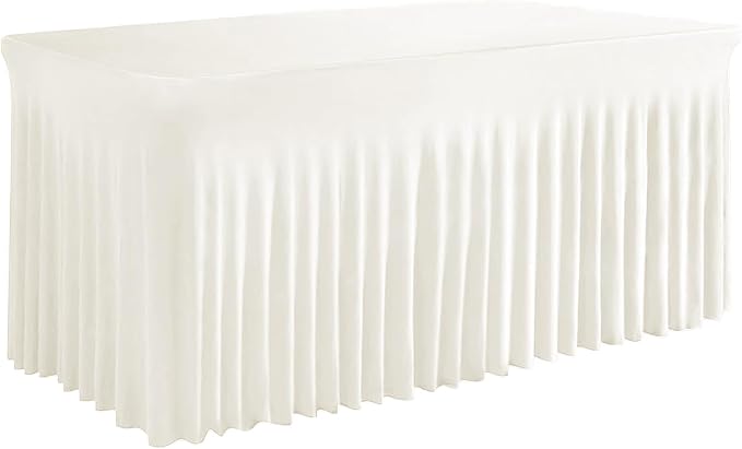 White Table Skirt, Wrinkle-Free Spandex Table Covers 6ft, Elastic Fitted Washable Tablecloth for Rectangle Tables for Wedding, Banquet, Party, Events