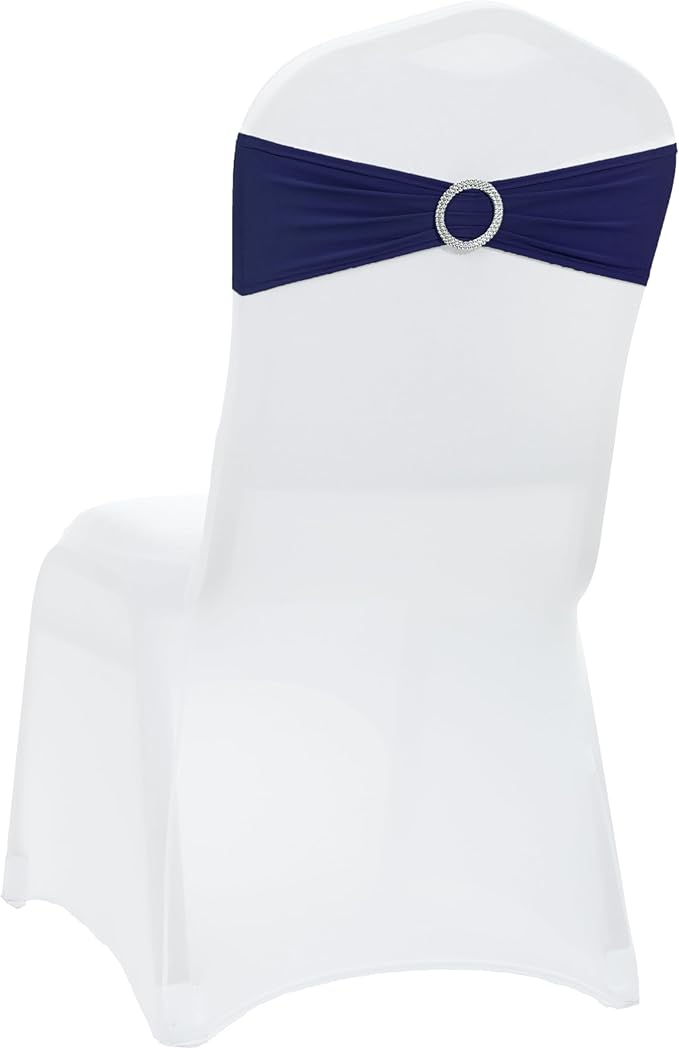 VDS - Navy Blue | Spandex Chair Sashes Bows | 250 PCS | Stretch Elastic Banquet Universal Folding Chair Band Tie with Silver Buckle Slider for Wedding Party Conference Celebration Event Decoration