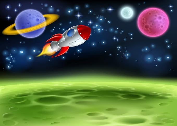BELECO 15x10ft Fabric Cartoon Outer Space Backdrop Planet or Alien Moon with Rocket Ship Photography Backdrop for Birthday Party Decoration Kids Photoshoot Photo Background Photo Booth Props