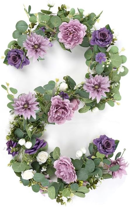 5.9 FT Artificial Eucalyptus Flower Garland with Butterflies - Pack of 1 Fake Rose Garland Faux Greenery Eucalyptus Garlands for Wedding Table Backdrop Arch Centerpieces Decorations - Purple