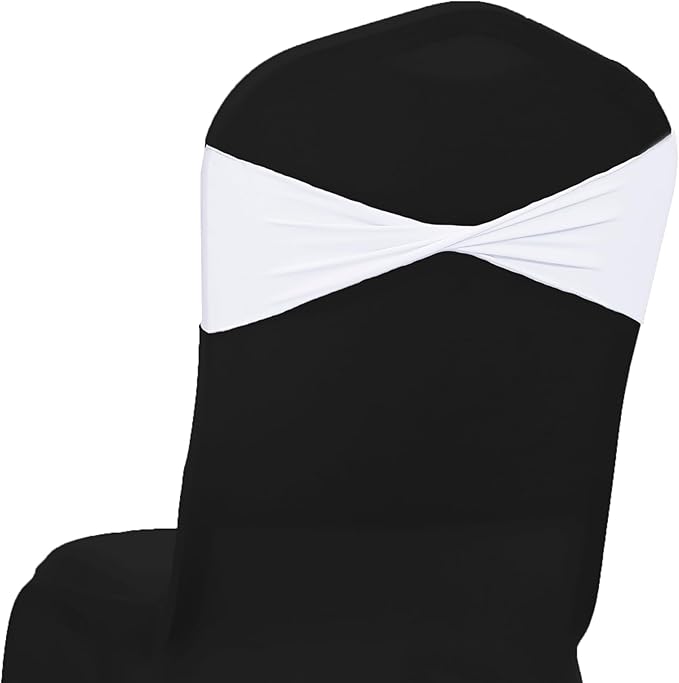 MDS Pack of 50 Spandex Chair Sashes Bows Elastic Stretch Dining Chair Bands Ties Without Slider Buckle Universal fits for Wedding Baby Shower Birthday Party Banquet Event Decoration - White