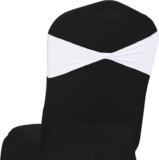 MDS Pack of 25 Spandex Chair Sashes Bows Elastic Stretch Dining Chair Bands Ties Without Slider Buckle Universal fits for Wedding Baby Shower Birthday Party Banquet Event Decoration - White