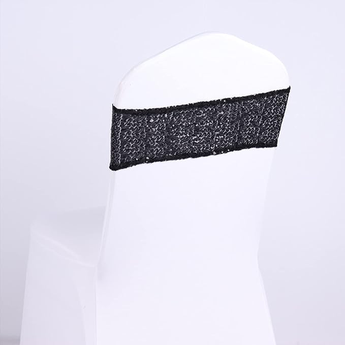 Pack of 50 Stretch Sequin Chair Sashes Chair Bands One-Sided Sequins Decor for Hotel Wedding Reception Events Party Chair Cover Decoration (Black)