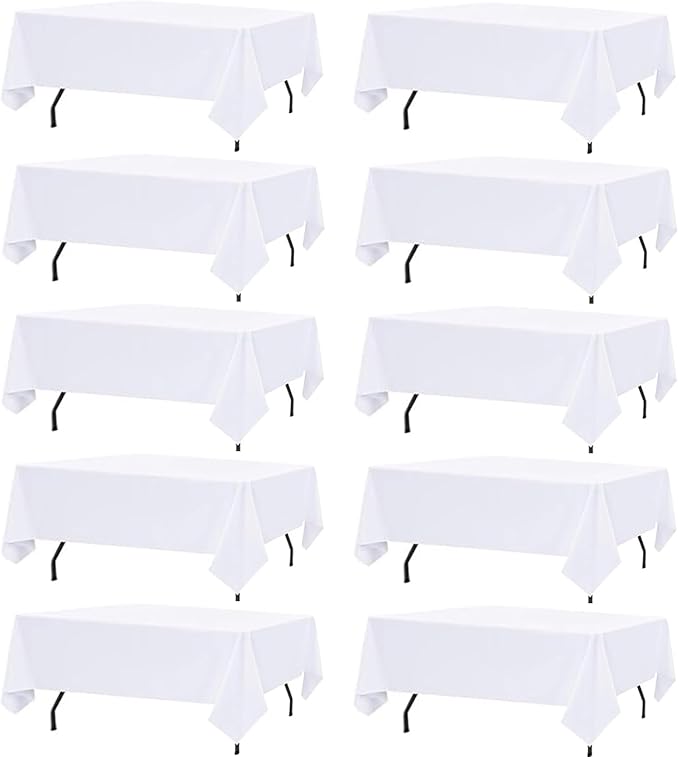 10 Pack White Table Cloth Rectangle Table Cloths for 8 Foot Rectangle Tables 60 X 126 Inch Washable Polyester Table Covers, Reusable & Wrinkle Resistant for Weddings, Parties, Events, and Everyday Use
