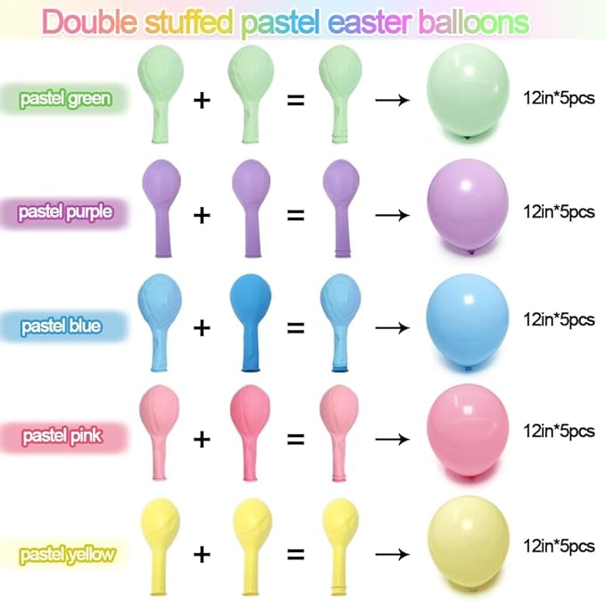 Pastel Balloons Arch Kit Double Stuffed Ma'ca'ron Balloons with Bunny, Carrot & Egg Foil Balloon Easter Banner and Colorful Fringe Curtain for Birthday Baby Shower Spring Pastel Party Decoration
