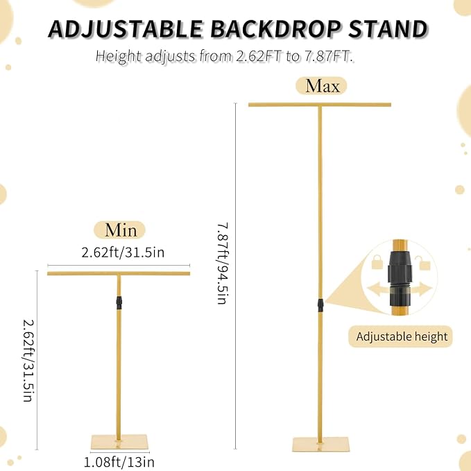 4pcs Heavy Duty Wedding Backdrop Stand for Party, Adjustable T-Shape Background Support 2.6-8FT for Wedding Arch, Birthday, Baby Shower, Events Decorations