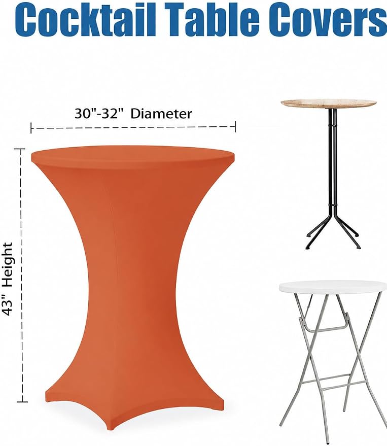 Cocktail Table Covers - 2 Pack 32x43 Inch Table Cloth - Orange Fitted Stretch Spandex Round High Top Tablecloth for Party, Bar, Birthday, Pub, Banquet