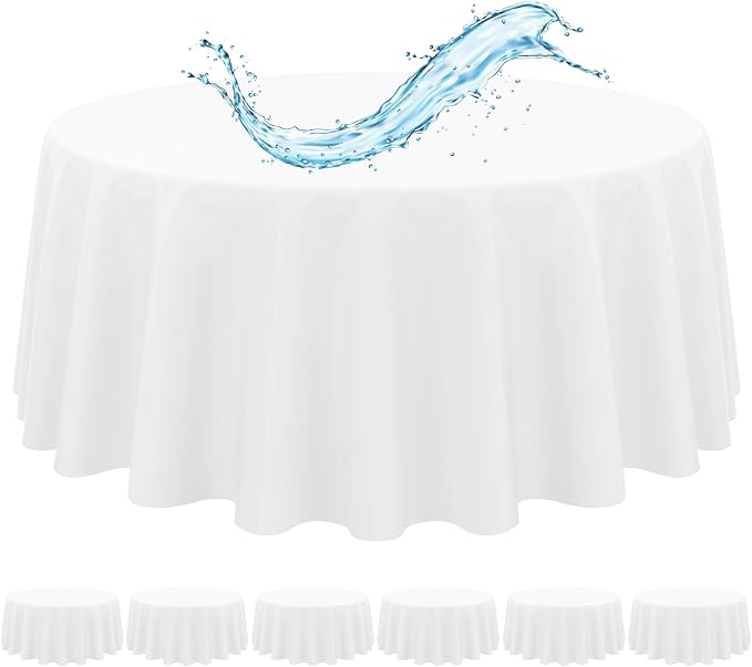 6 Pack White Round Tablecloth 90 Inch, Waterproof Polyester Table Cloth for Round Tables, White Tablecloths Stain and Wrinkle Resistant Washable Fabric Table Cover for Party Dining Wedding Banquet