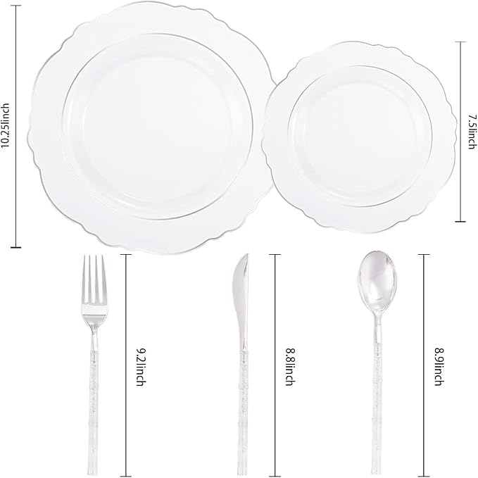 Liacere 150PCS Clear Silver Plastic Plates & Disposable Silver Plastic Silverware with Glitter Bamboo Handle Cutlery-Baroque Clear Disposable Plates for Wedding & Party