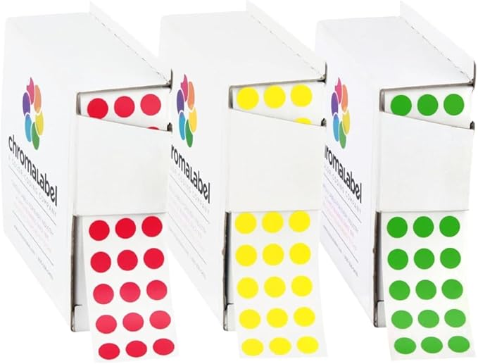 ChromaLabel 1/4 Inch Round Green Labels, Dot Stickers for Arts and Crafts, Circle Labels for Organization - 1000 Color Coding Labels per Dispenser Box, Green, Red, and Yellow Stickers