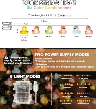 AceList 60 LED Glitter Rubber Ducks String Lights Funny Light with USB & Waterproof Battery Box, Christmas Ducks, Unique Gifts for Jeep Ducks Lovers, Colorful Party, Birthday, Christmas Decor