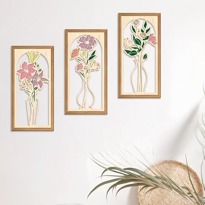 IARTTOP 3 Pcs Boho Flower Vase Wooden Wall Decor Bathroom Floral Farmhouse Decor Botanical Wood Wall Art Spring Flower Artwork for Living Room Bedroom Housewarming Gifts 7.9 x15.8 Inch