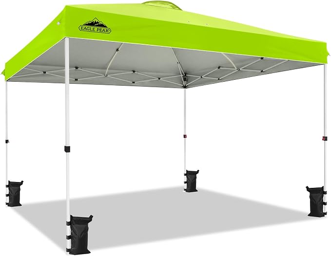 EAGLE PEAK Pop Up Canopy Tent with Wheeled Carry Bag, 8 Stakes, 4 Ropes, 4 Weight Bags, Easy Set Up Tent Canopy, 12x12 ft, 144sqft of Shade, Neon Green