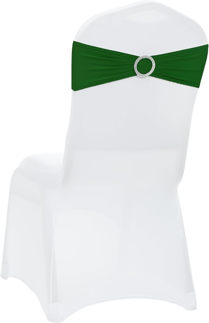 VDS - Green | Spandex Chair Sashes Bows | 150 PCS | Stretch Elastic Banquet Universal Folding Chair Band Tie with Silver Buckle Slider for Wedding Party Conference Celebration Event Decoration
