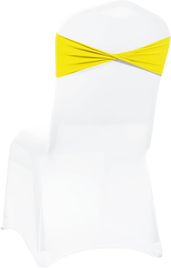 MDS Pack of 50 Spandex Chair Sashes Bows Elastic Stretch Dining Chair Bands Ties Without Slider Buckle Universal fits for Wedding Baby Shower Birthday Party Banquet Event Decoration - Yellow