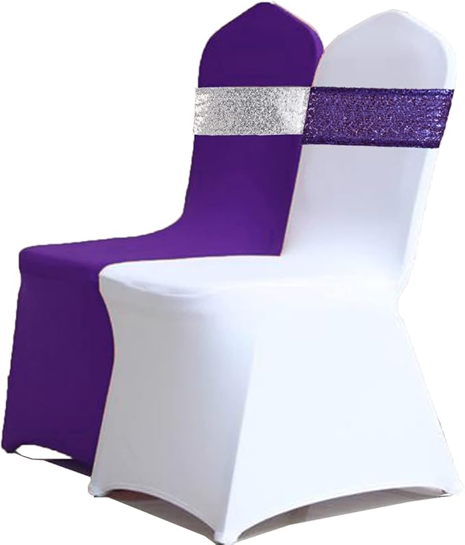 Eternal Beauty Pack of 30 Purple Sequin Bands Bows Chair Sashes for Wedding Chair Cover Decorations