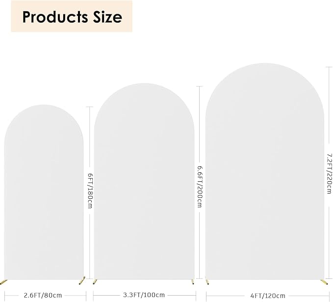 HAINARverS Set of 3 Wedding Arch Cover 6FT,6.6FT,7.2FT Spandex Fitted Stretchy Arch Stand Covers,2 Sided Round Top Chiara Backdrop Cover for Birthday Party Banquet Baby Shower Arch Decoration(White)