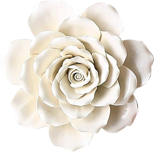 Rose Ceramic Flower Wall Décor Artificial 3D Flower Wall Art for Living Room Home Hallway Bedroom Kitchen Farmhouse Bathroom Dining Room, White, 5.9 inch