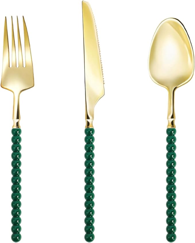 150 Pcs Gold Plastic Silverware,Gold Plastic Utensils with Green Beads Handle,Fancy Disposable Cutlery Set Include 50 Forks 50 Knives 50 Spoons for Party & Christmas