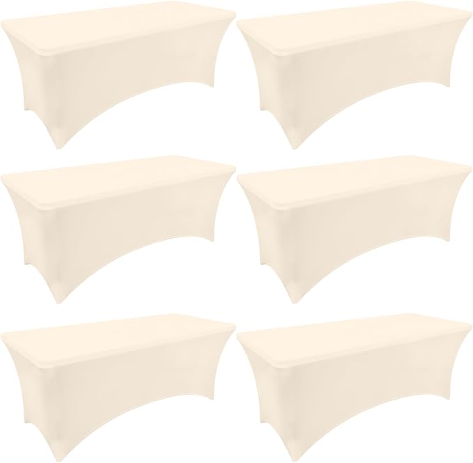 Moosfor Spandex Elastic Fitted 8FT Rectangle Tablecloth 6 Pack, Stretch Washable Reusable Table Cover for Outdoor Picnic, Dining, Wedding, Banquet & Party Events (Beige, 96Lx30Wx30H Inch)