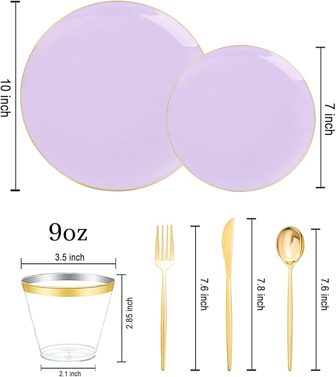 bUCLA 150PCS Purple Plastic Plates - Light Purple and Gold Disposable - Include 25 Each (Dinner & Dessert) lavender Plates, 25 Knives, 25 Forks, 25 Spoons & 25 Cups for Party, Birthday & Wedding