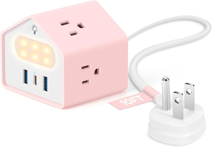 Lovely-Pink Power Strip with Night Light - Kawaii USB C Power Strip Desk Accessories - 4 Outlets 3 USB Ports - Overload Protection Plug Extender for Home, Office, Dorm, Travel, Hotel, Women, Girls