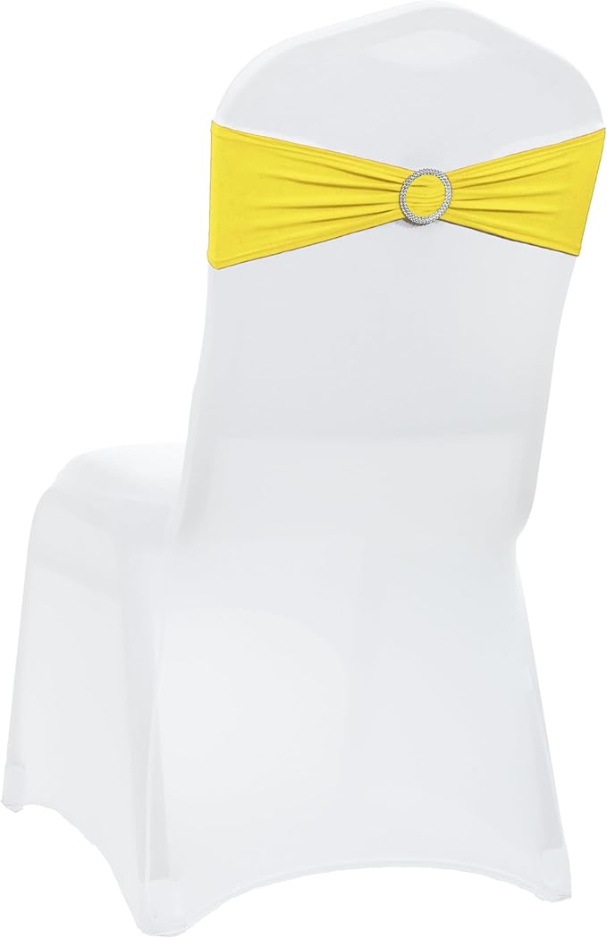 VDS - Yellow | Spandex Chair Sashes Bows | 75 PCS | Stretch Elastic Banquet Universal Folding Chair Band Tie with Silver Buckle Slider for Wedding Party Conference Celebration Event Decoration