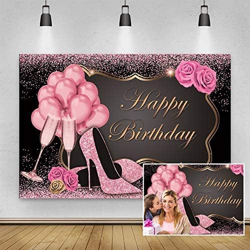 Rose Gold Glitter Happy Birthday Backdrop,Yeele 5x4ft Sweet Pink Balloons Sequin High Heels Champagne Flower Birthday Photography Background for Women Girl Party Supplies Cake Table Decoration Banner