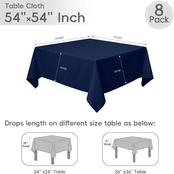 8 Pack Navy Blue Square Tablecloth 54x54 Washable Polyester Table Cloth for Square or Round Tables, Wrinkle Resistant Fabric Decorative Covers for Dining Party Banquet Buffet and Wedding