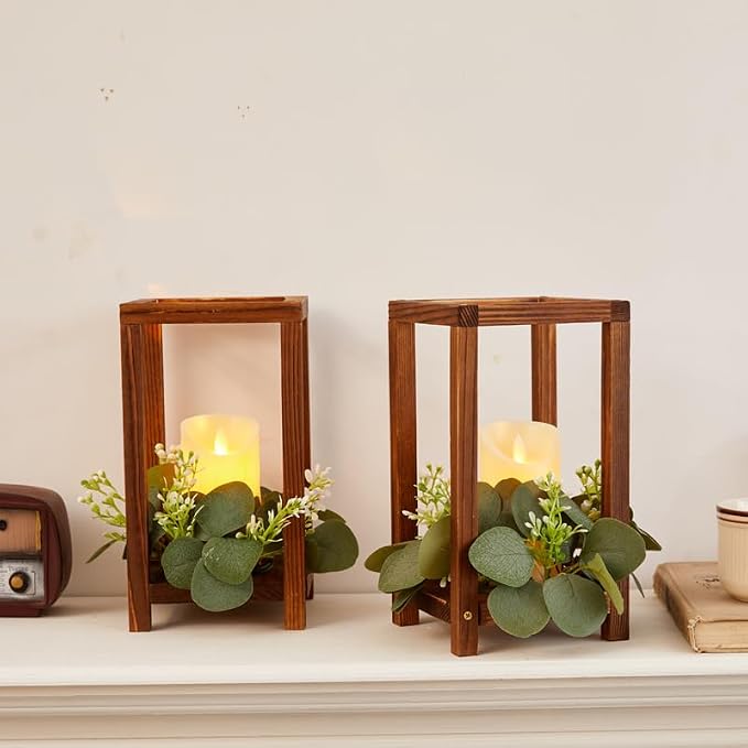 42 Pcs /14 Set Wooden Wedding Lantern Centerpiece-Wooden Candle Lantern Bulk Includes 14 Farmhouse Wooden Candle Holder 14 Flameless LED Candles 14 Eucalyptus Leaves Wreath for Decoration