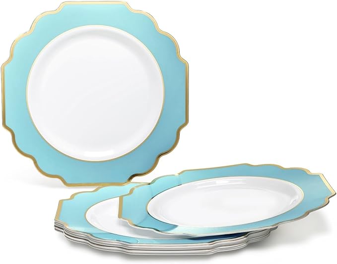 OCCASIONS 80 Plates (40 Guests) Heavy Duty Disposable Aqua & Silver Plastic Plates for Wedding Party, Elegant Dinner & Dessert Set, 40x10.5" + 40x8" - Imperial Aqua & Silver