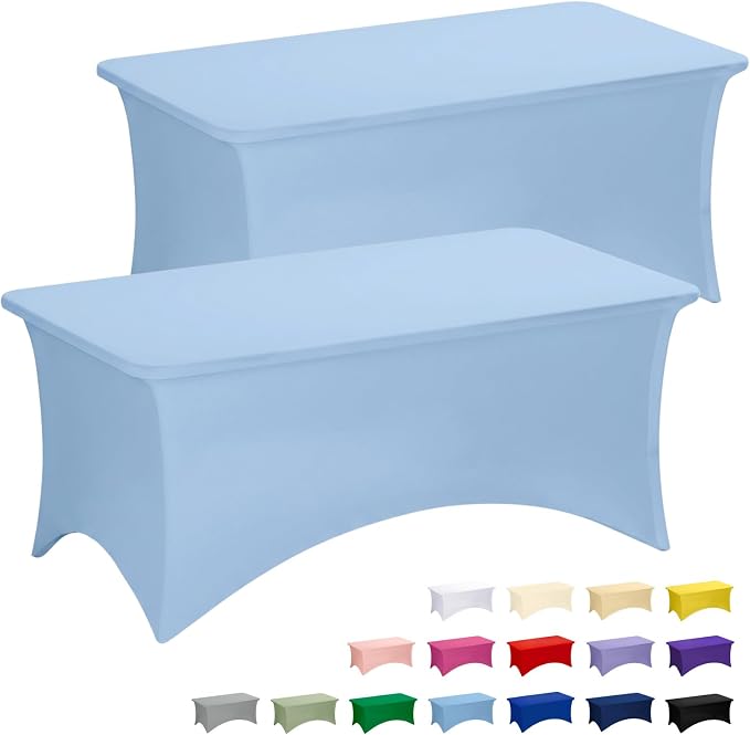 Fixwal Light Blue Stretch Table Cloth Rectangle 2 Pack 6Ft, Spandex Fitted Table Covers Washable for Party, Trade Show, Banquet, Wedding, Buffet