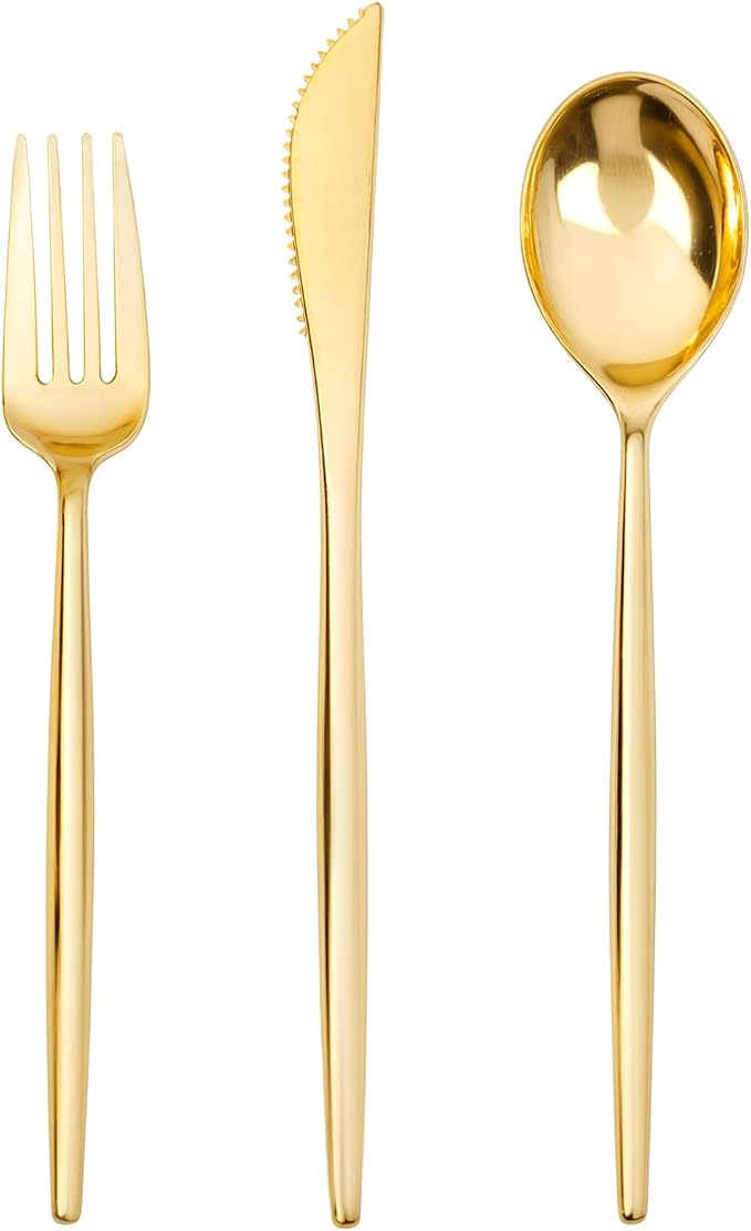 SUT 150PCS Gold Plastic Silverware Set, Heavy Duty Disposable Cutlery for Party,Includes 50 Forks, 50 Spoons and 50 Knives, Elegant Plastic Flatware for Wedding, Birthday and Catering