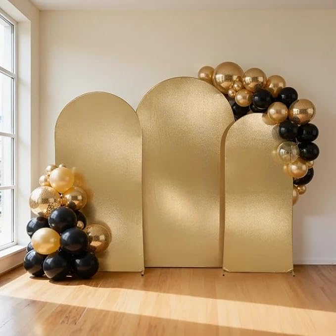 Gold Shimmer Arch Backdrop Cover Set of 3 (6 6.6 7.2FT) with Zipper,Thick Soft Stretchy Sequin Glitter Spandex Fitted Chiara Cover for Wedding Birthday Baby Shower Graduation Party Photo Backdrop
