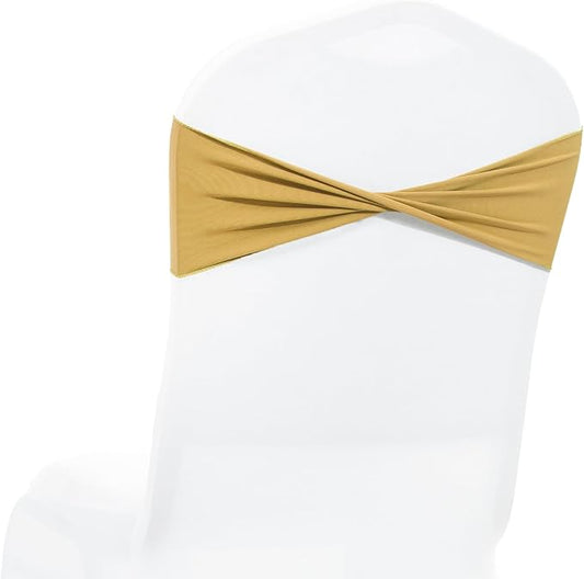 MDS Pack of 150 Spandex Chair Sashes Bows Elastic Stretch Dining Chair Bands Ties Without Slider Buckle Universal fits for Wedding Baby Shower Birthday Party Banquet Event Decoration - Gold