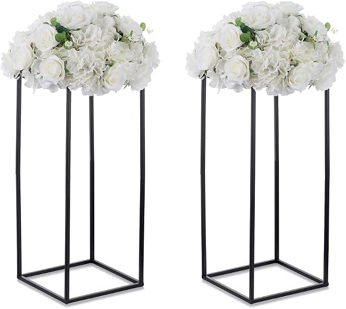 Black Tall Plant Stand: 23.6in, With Metal Panel, Packs of 2 | Columnar Cube Shape, Easy to Assembly, Flowers Cakes Drinks Display Table Centerpieces for Wedding Party Event