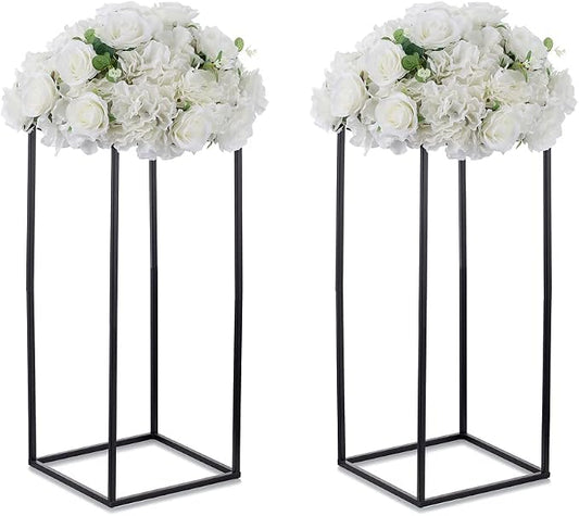 Black Tall Plant Stand: 23.6in, With Metal Panel, Packs of 2 | Columnar Cube Shape, Easy to Assembly, Flowers Cakes Drinks Display Table Centerpieces for Wedding Party Event