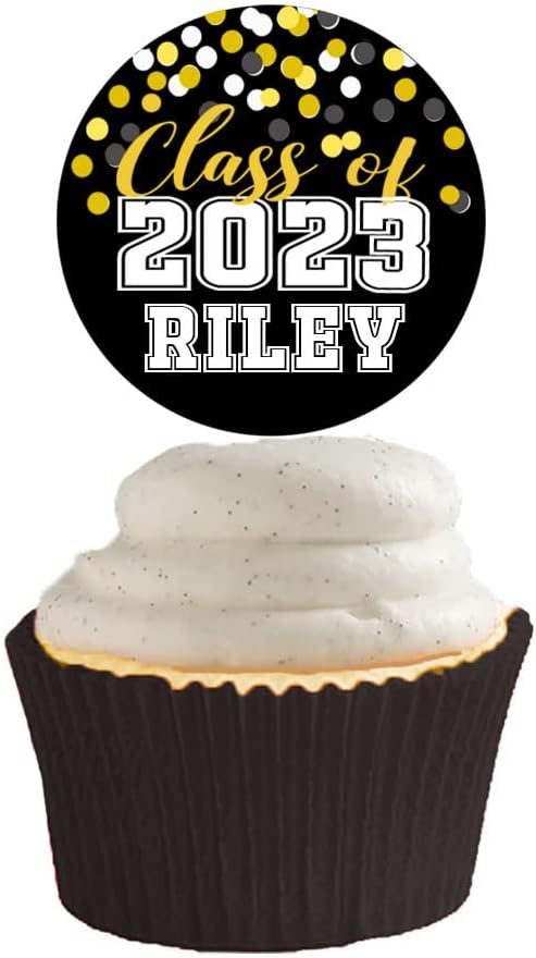Personalized Class of 2023 Confetti Cupcake Toppers - Graduation Student or School Party Theme Cake Accessories - 12 Piece Set