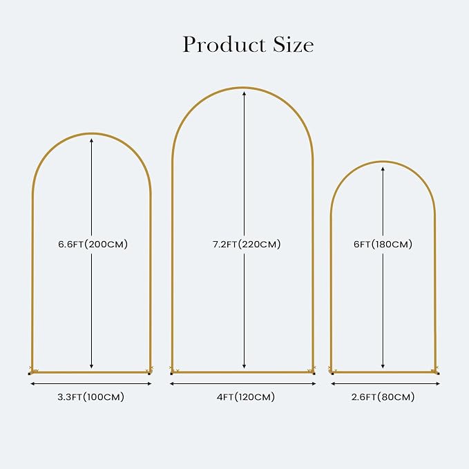 3 Pack Wedding Arch Backdrop Stand, (7.2FT, 6.6FT, 6FT) Gold Balloon Arch Stand, Set of 3 Metal Arched Frame Decoration for Wedding, Birthday, Baby Shower, Party