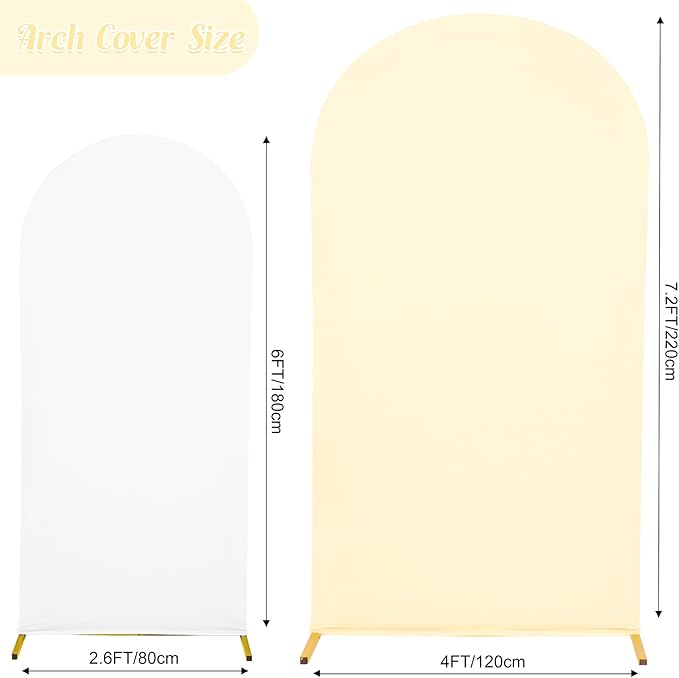 Set of 2 Spandex Fitted Arch Backdrop Cover Wedding Arch Cover Round Top Chiara Arch Backdrop Stand Covers for Birthday Party Baby Shower Wedding Arch Decor（6 FT White, 7.2 FT Beige）