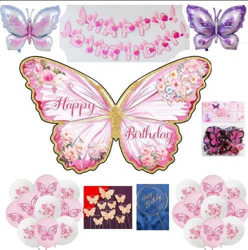 Blue Butterfly Birthday Decorations, 75Pcs Blue Party Decorations for Girls Home, Birthday , Butterfly Theme Party Decoration (pink Butterfly set)