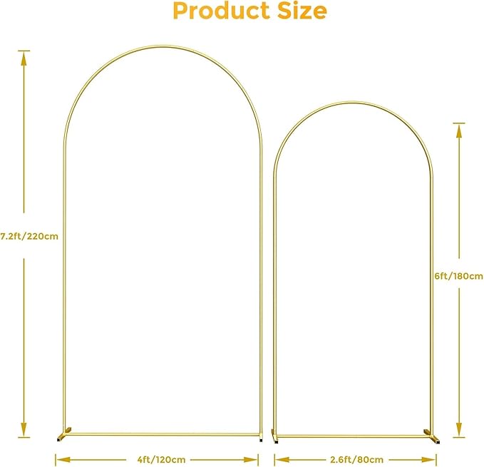 Metal Arch Backdrop Stand, 7.2FT+6FT Wedding Arch Frame, Balloon Arch Backdrop Stand Set of 2, Gold Wedding Arch Backdrop Stand for Wedding Birthday Party Baby Shower Graduation Ceremony Decor