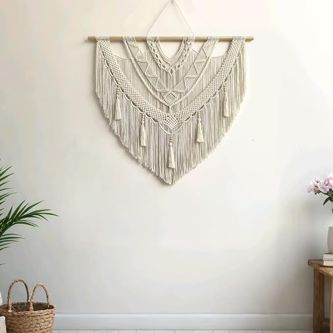 large macrame wall hanging - Boho Tapestry Macrame Wall Decor Art- Chic Bohemian Handmade Woven Tapestry Home Decoration for Bedroom Living Room Apartment Wedding Party - 43"x40" (Bead Fringe)